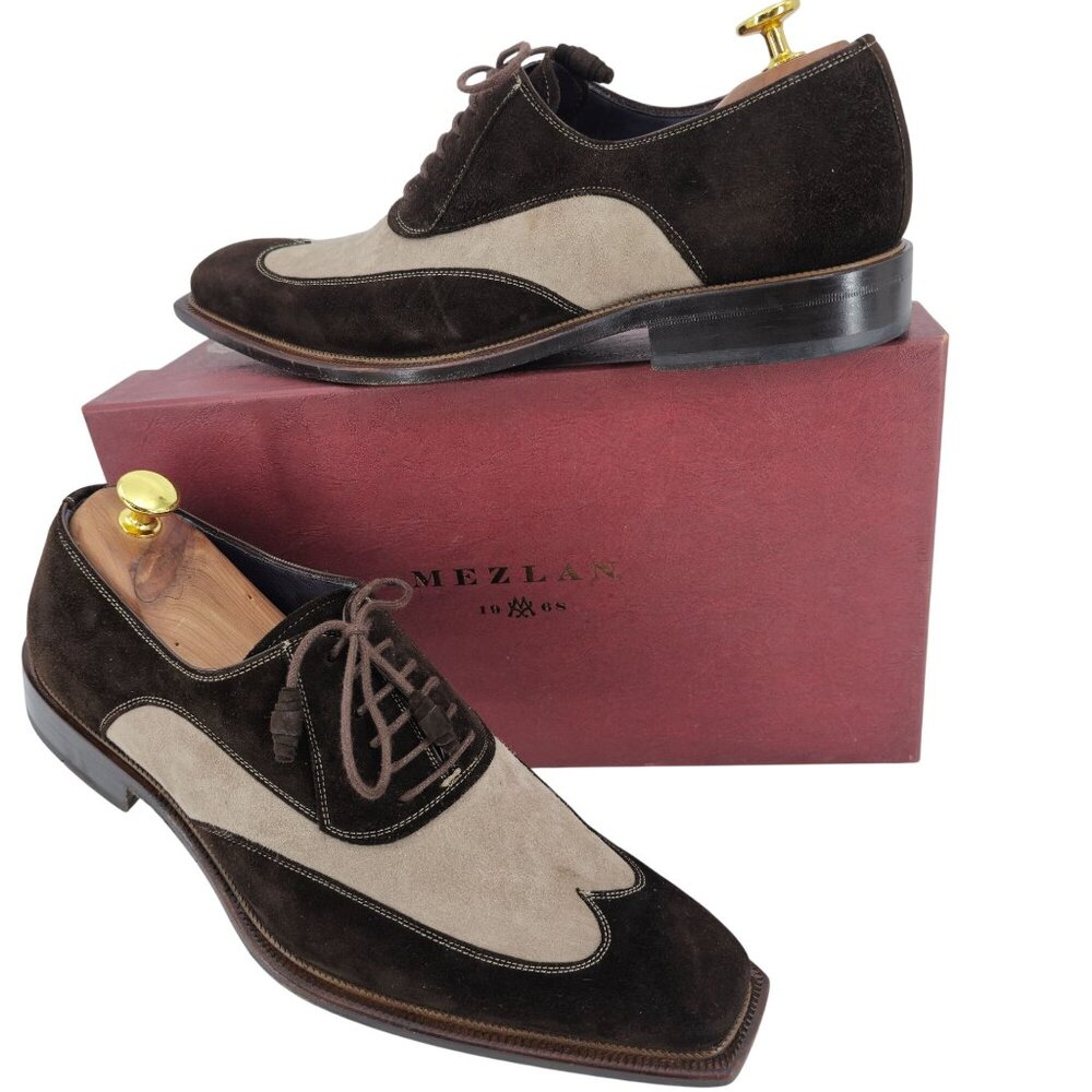 Mezlan Spain Mens size 9.5 Brown Beige Suede Leather Wingtip Oxfords Dress Shoes - Picture 7 of 12